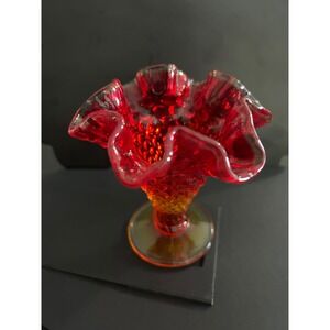 Vase Red Hobnail Ruffled Amberina Art Glass Fenton Small Unmarked Collectible